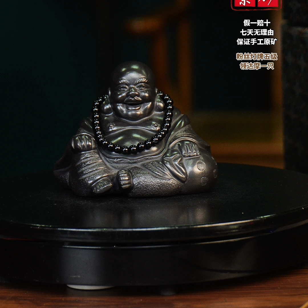 黑弥勒佛（带佛珠）宜兴摆件