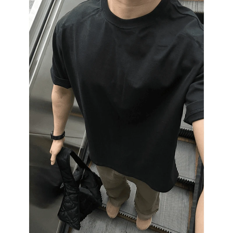 ootd穿搭黑色t恤男美式高街重磅双纱棉boxy短袖夏季小领口半截袖