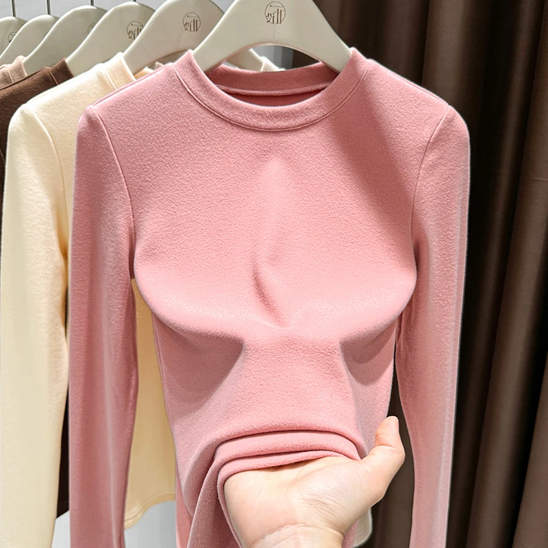 粉色德绒长袖上衣女2025春季爆款软糯磨毛内搭简约圆领高档打底衫