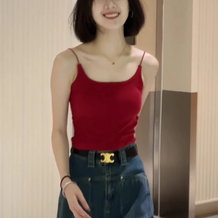 红色小吊带背心女带胸垫内搭复古港风打底本命年文胸一体美背内衣