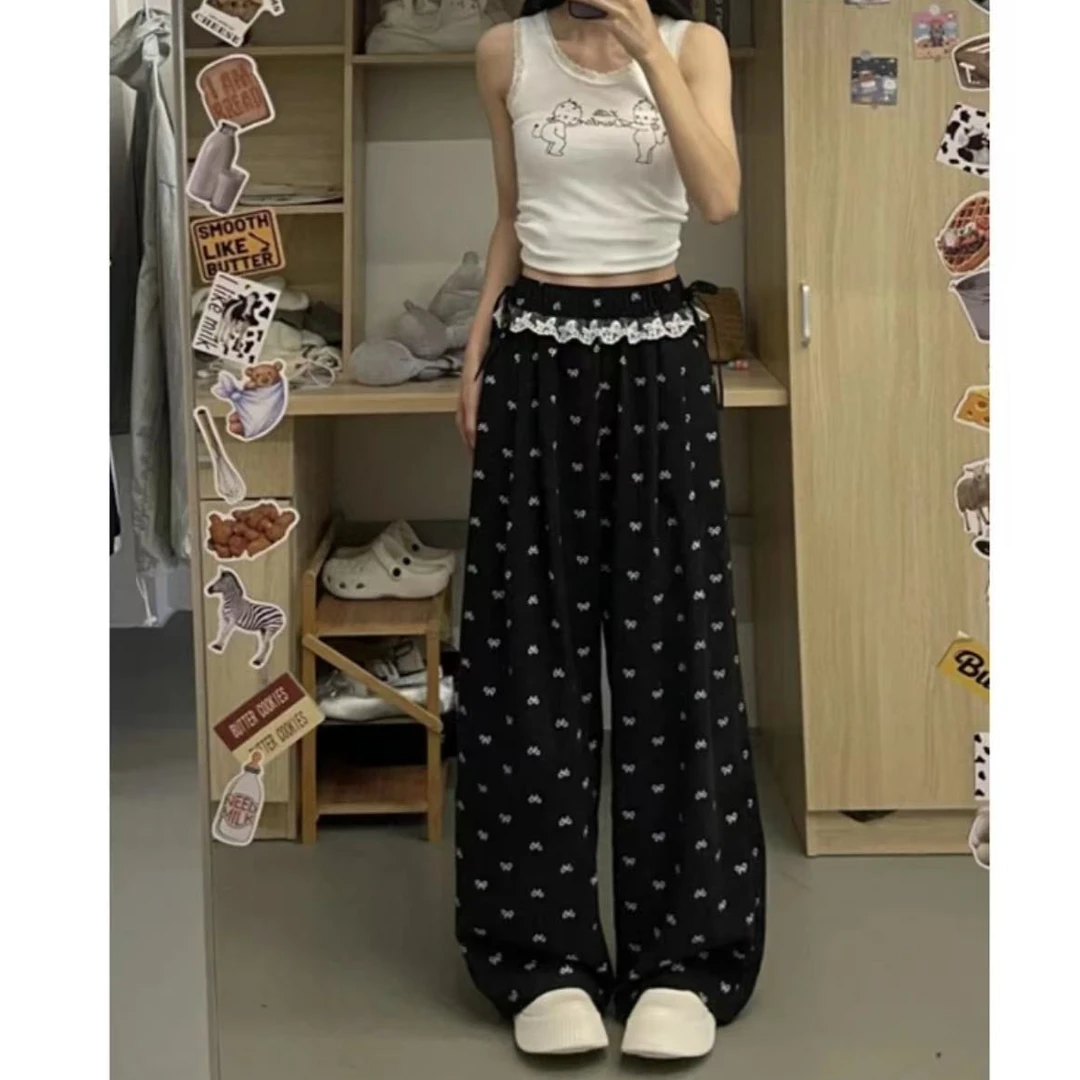 蝴蝶结蕾丝阔腿裤女2025新款夏季薄款宽松休闲裤显瘦长裤黑色裤子