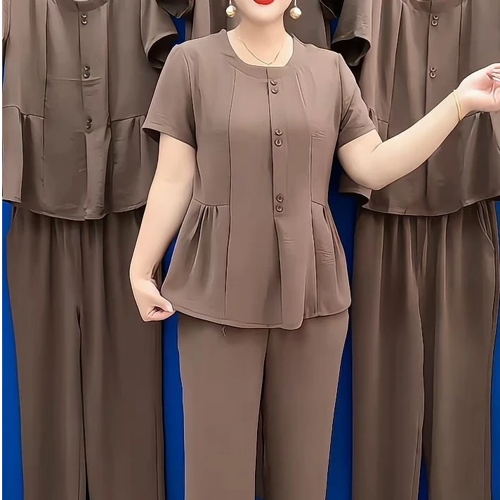 夏季休闲潮流舒适上衣加裤子短袖妈妈套装显瘦纯色百搭时尚两件套