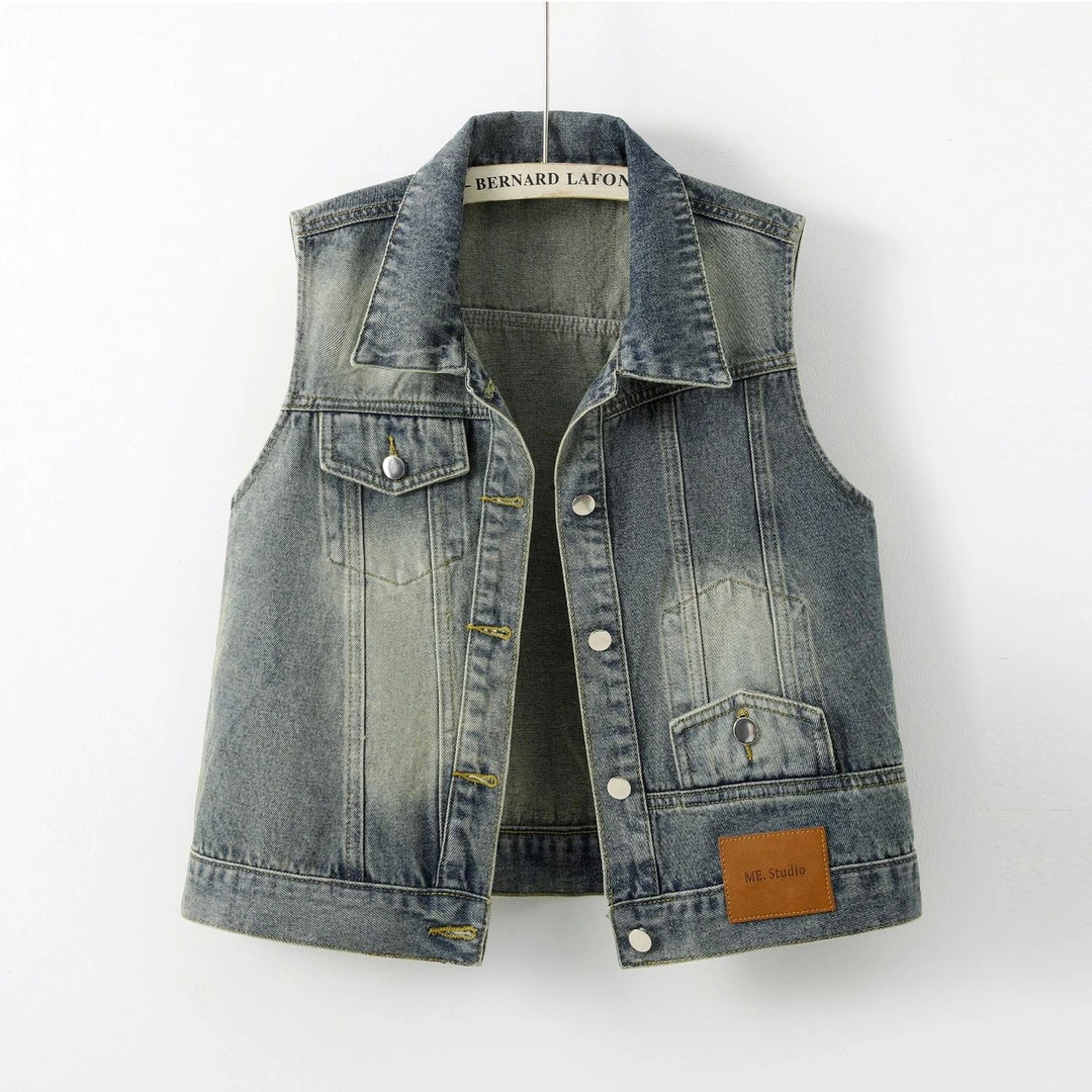 2025春秋季新款复古外搭无袖纽扣马夹宽松时尚短款倒装牛仔马甲女