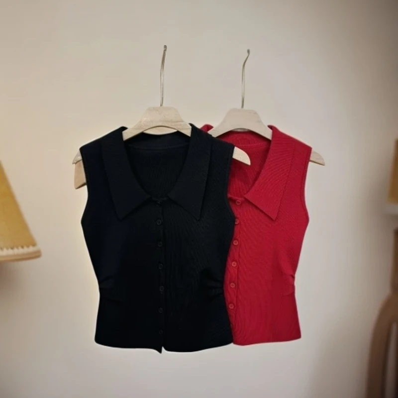 1626翻领无袖曲珠上衣女装气质显瘦辣妹纯欲上衣