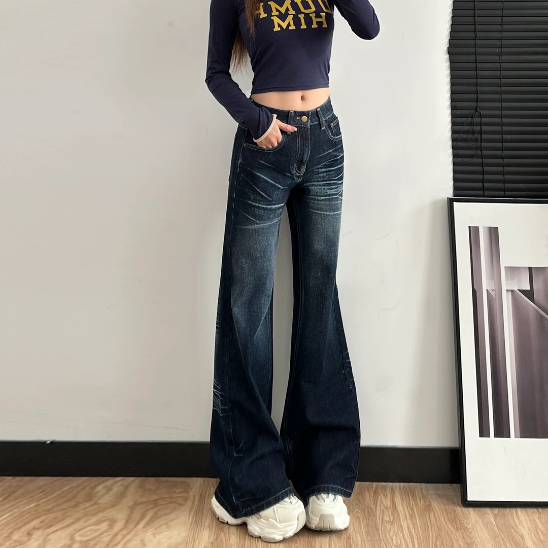 2025新款春新款低腰深猫咪纹复古水洗牛仔裤168高个子拖地裤7053