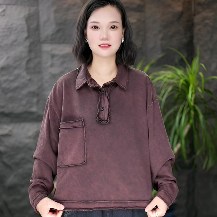 FF长袖常规款春秋百搭休闲风T恤常规文艺立领宽松型韩版翻领