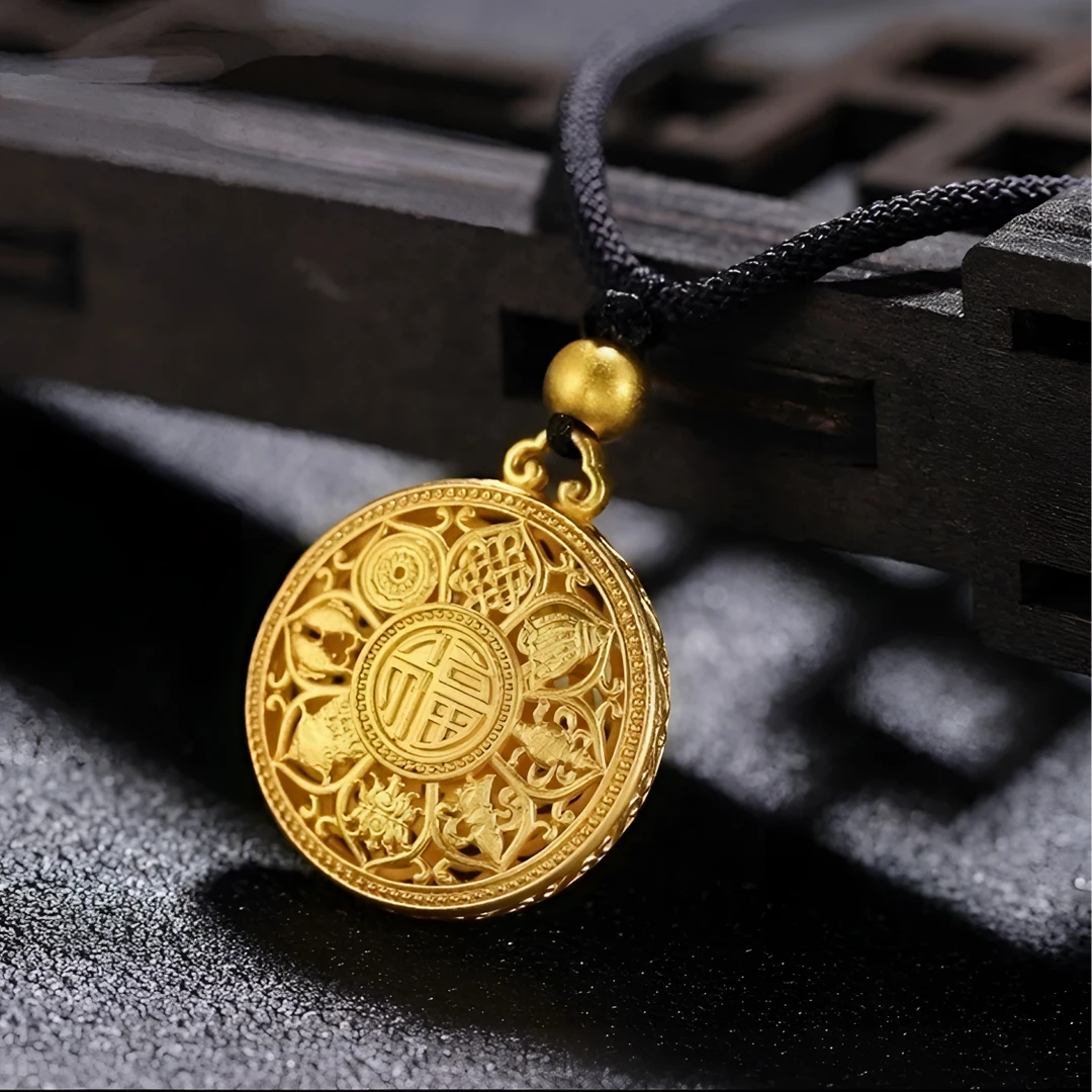 足金999真金古法金莲花罗盘吊坠
