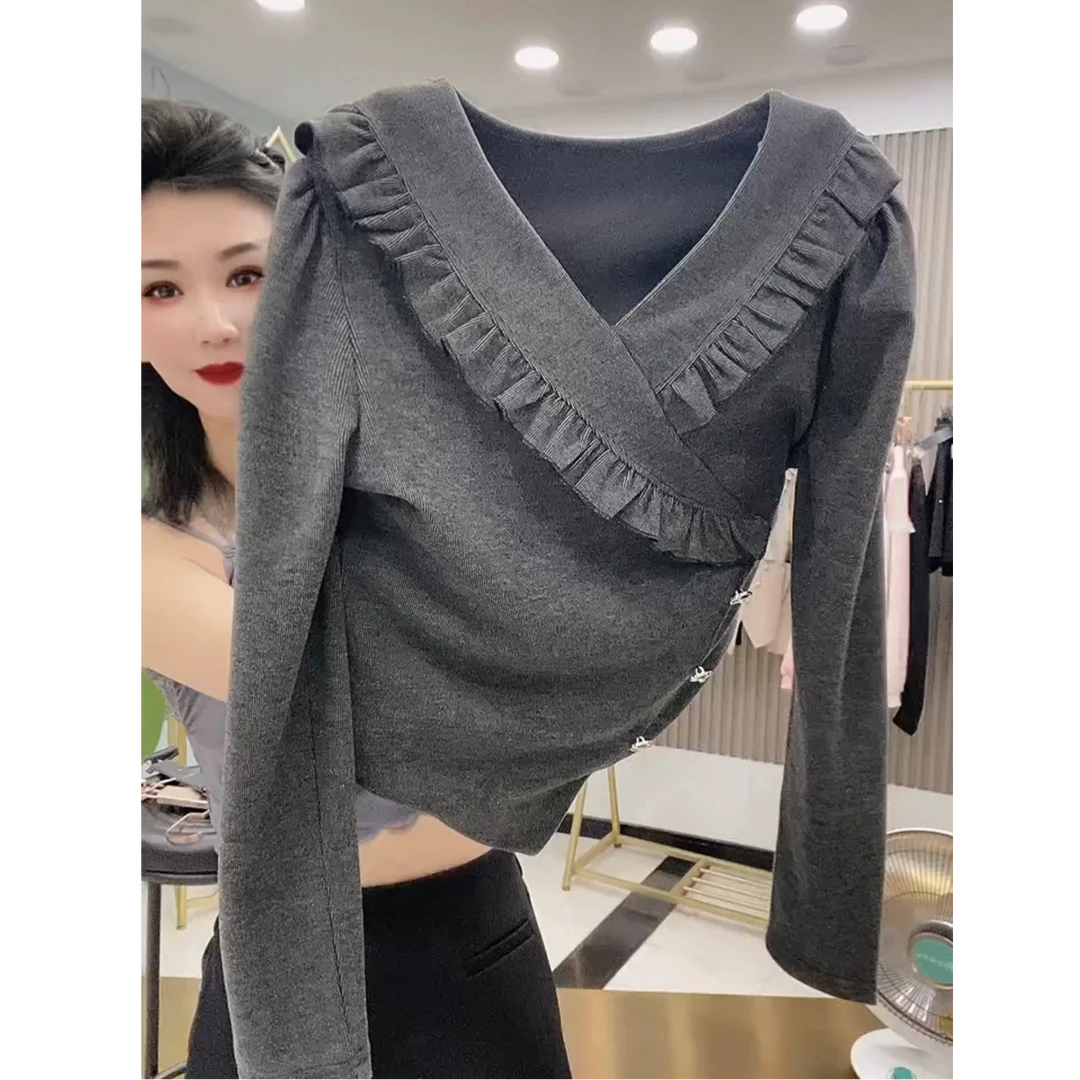 欧货2025春秋新款时尚百搭不规则V领木耳边长袖T恤女修身显瘦上衣