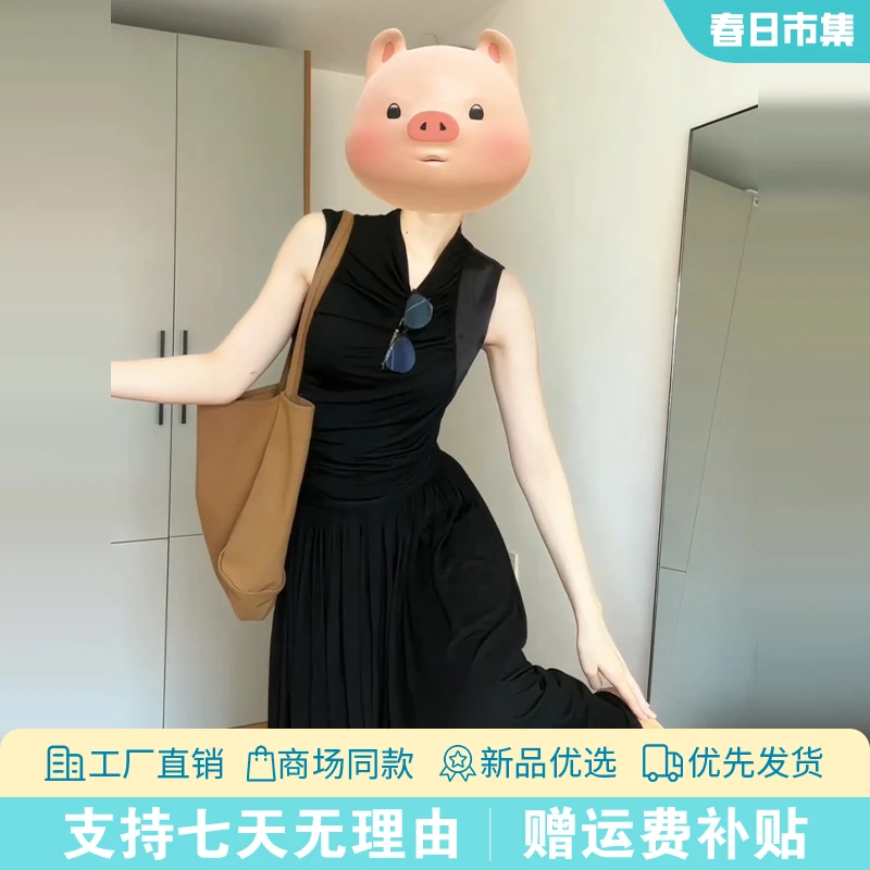 1851法式黑色无袖连衣裙子女装夏季2025新款套装今年流行爆款长裙