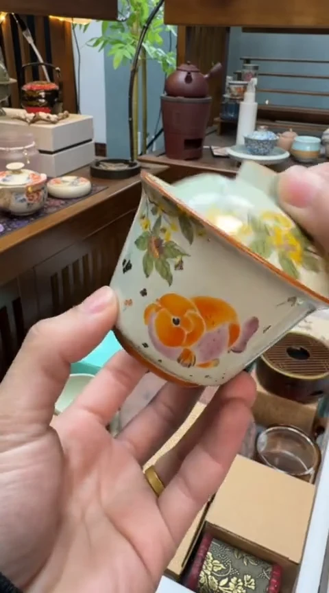 摆件陶茶具茶具茶具桂花金鱼盖碗