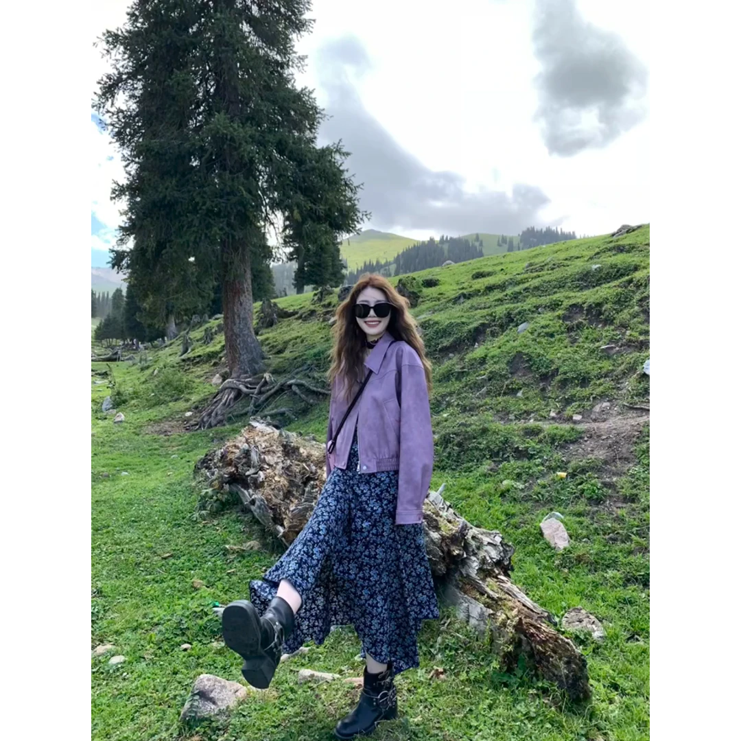 MARIE.COCO秋季新款美式紫色夹克外套上衣小个子碎花连衣裙两件套