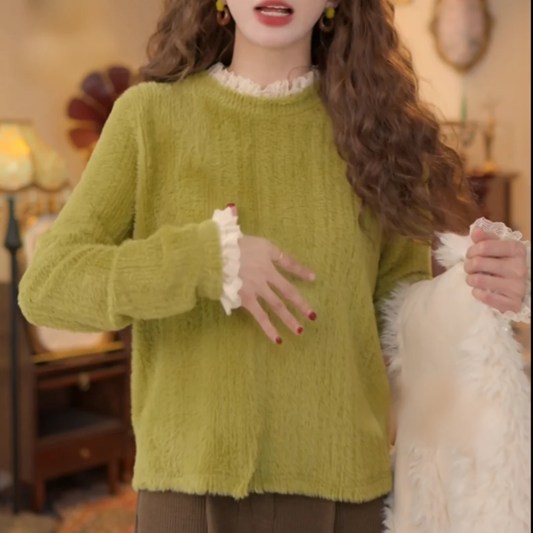 【苔衣侵石】港风复古蕾丝拼接小众百搭秋冬T恤打底上衣女LK2508939