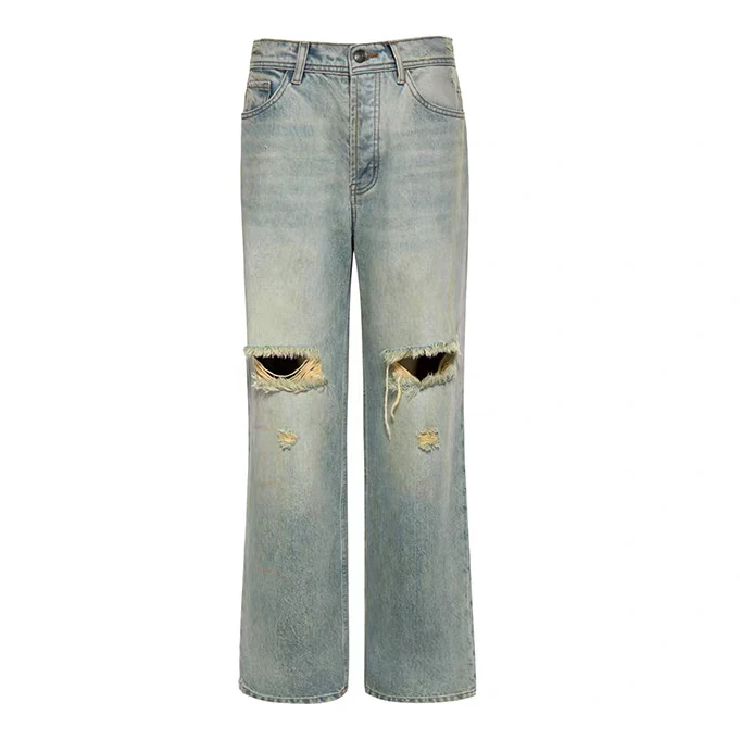 REFOUND TEN 25春夏新款复古水洗破洞长款牛仔裤