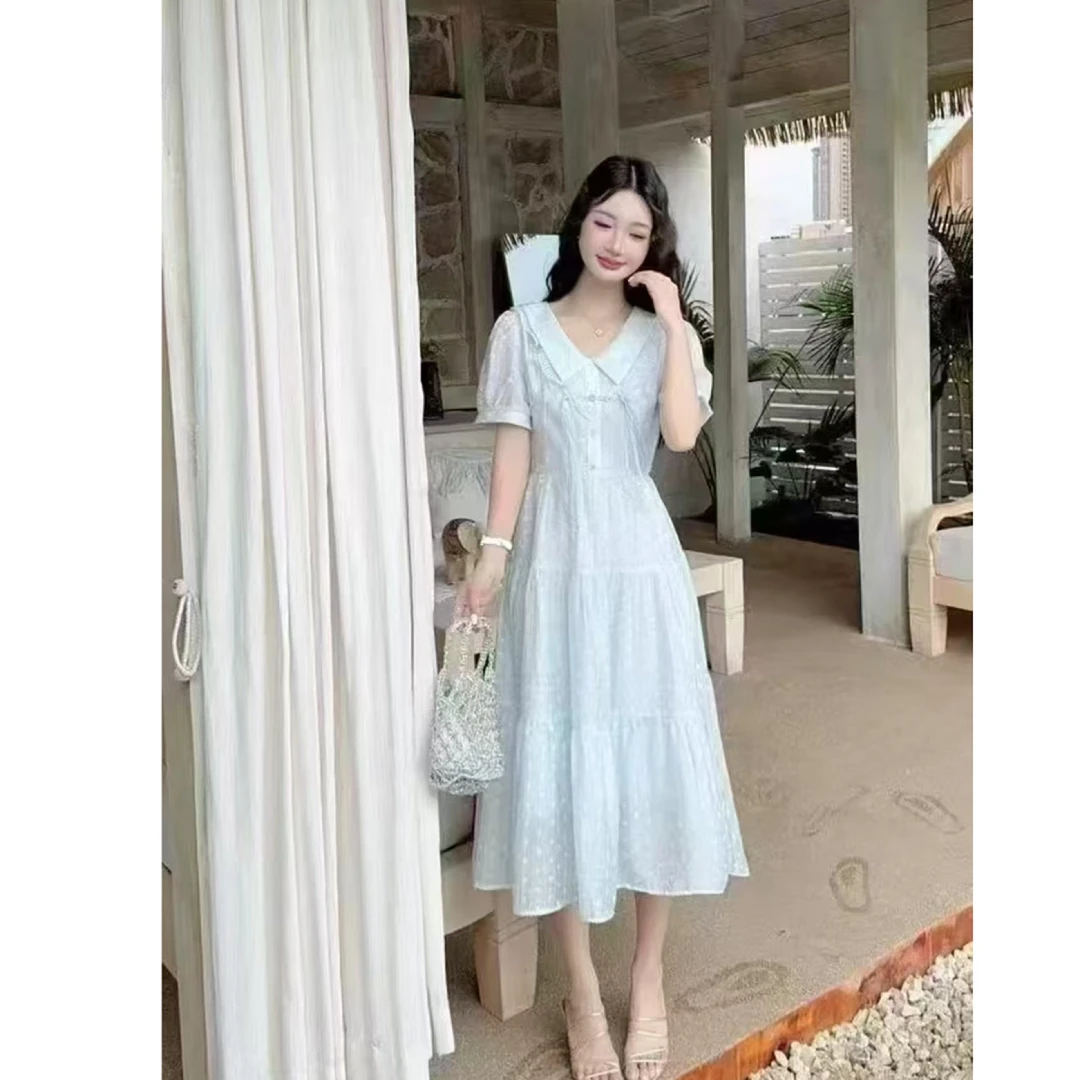 时尚V领气质连衣裙2025夏季新款收腰显瘦减龄洋气长裙子HJ-2124