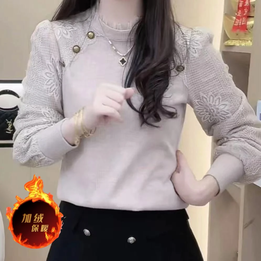 2025新款蕾丝打底衫冬季加绒保暖钉珠提花洋气时尚百搭女士上衣