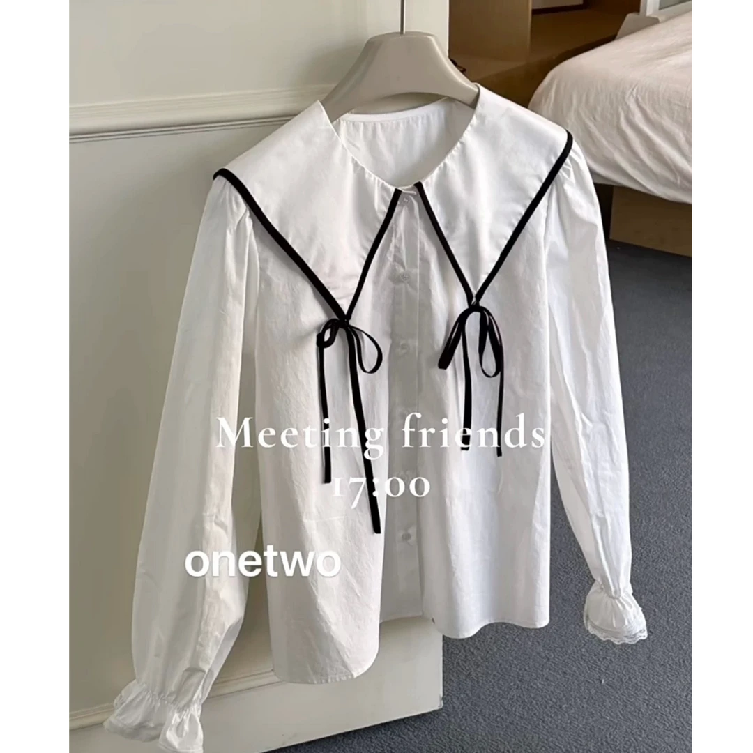 （白菊乌龙）韩国东大门新款2025春季 蝴蝶结娃娃领衬衫 上衣