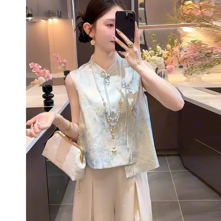 【现货】周粥青花瓷新款新中式缎面提花气质温婉上衣显瘦阔腿裤套装