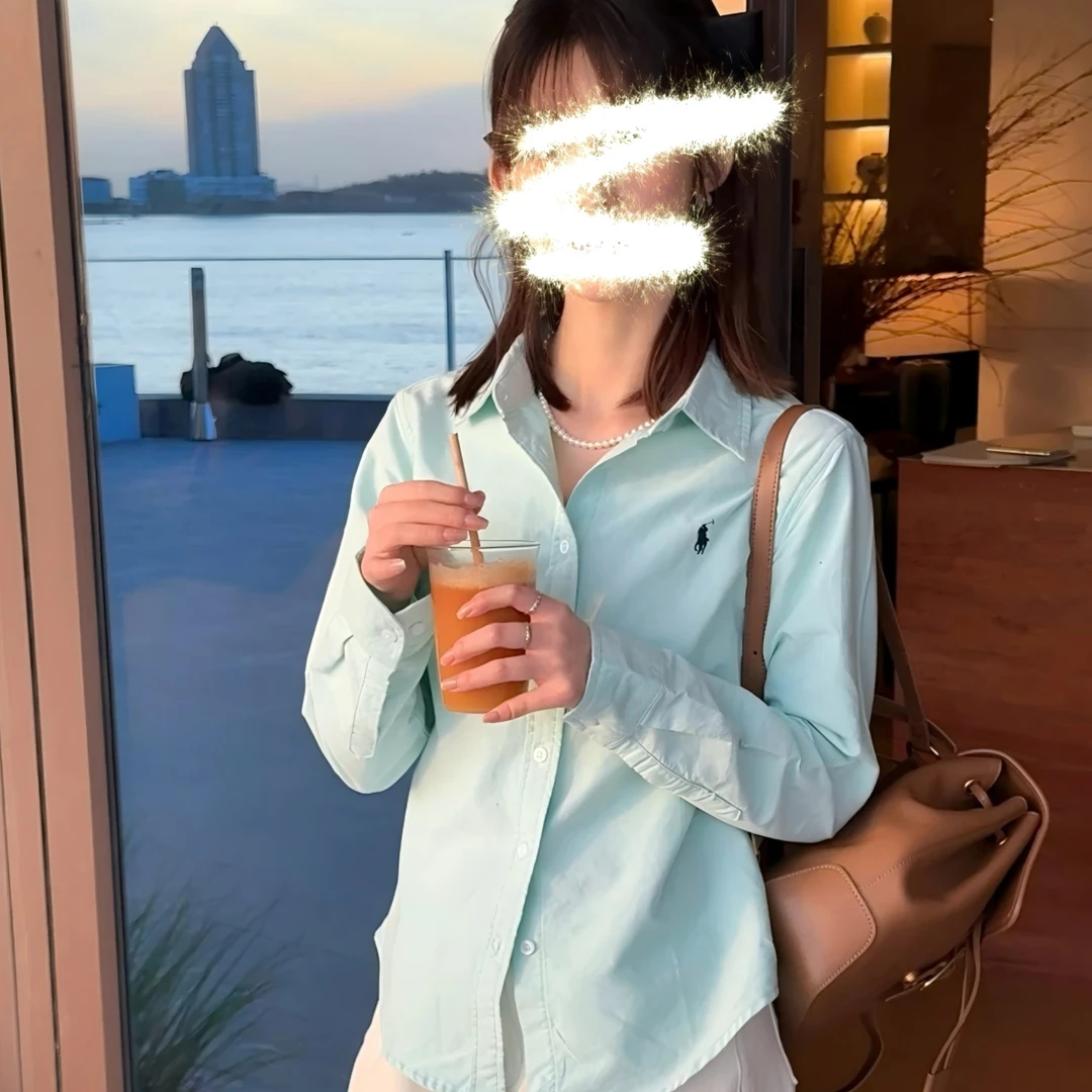 春季新款薄荷绿小马刺绣极简风衬衫长袖气质开衫衬衣外套女