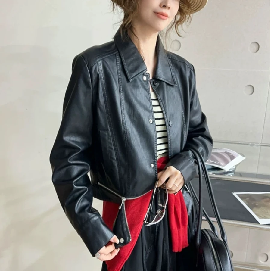 春款下摆拉链短款皮衣外套