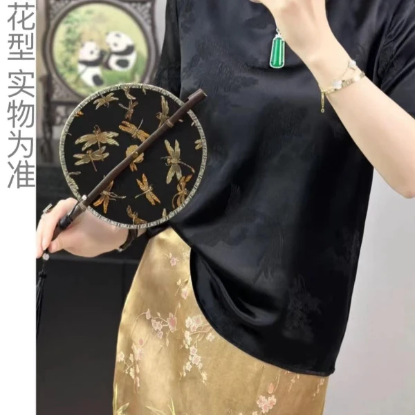 【青花釉】新中式提花短袖衬衫圆领气质上衣 20246266—CC