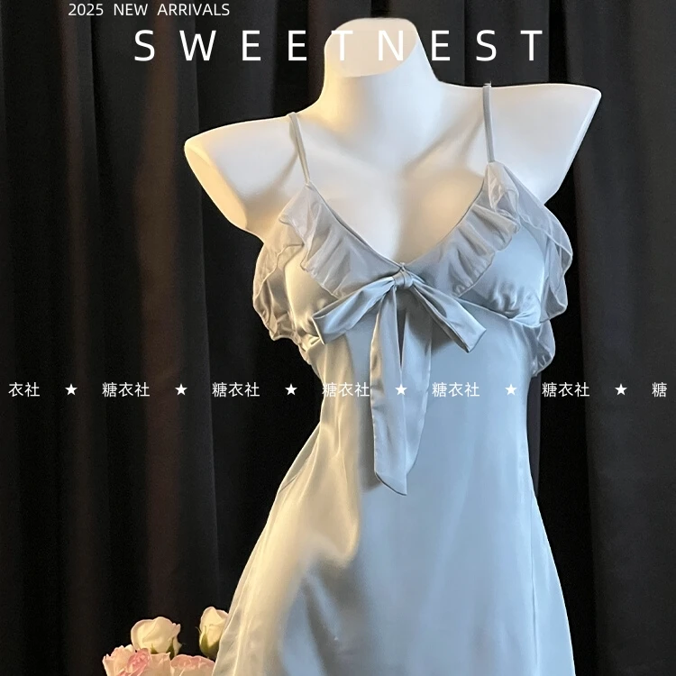 【糖衣社·花漾甜心】带胸垫V领性感吊带冰丝睡裙可外穿新款情调睡衣