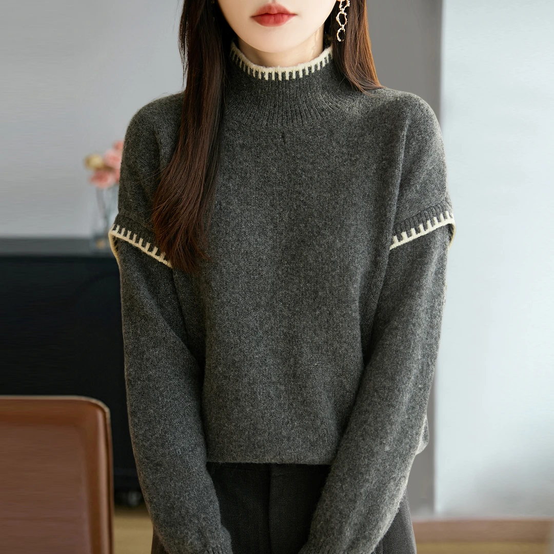 专柜正品冬季新款女士圆领针织衫时尚宽松百搭加厚舒适保暖上衣