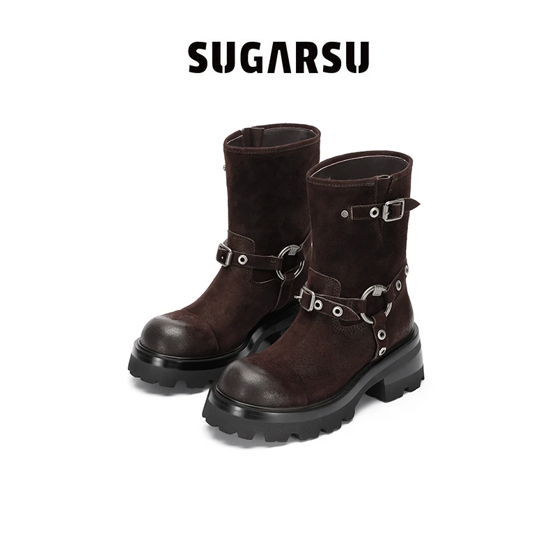 SugarSu酥履 24秋季新款叛逆复古厚底增高牛皮高跟时尚短靴