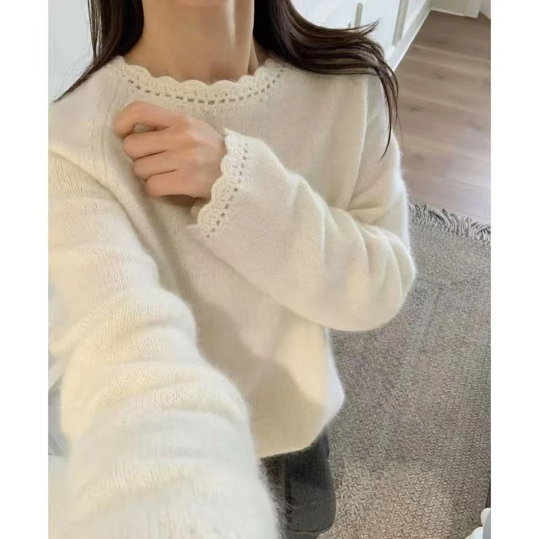2025秋冬新款蕾丝花边圆领针织毛衣女大码胖MM高级感显瘦内搭上衣