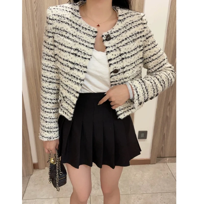 宝丫轻奢  T女式小香风气质撞色条纹粗花呢开衫短外套K979