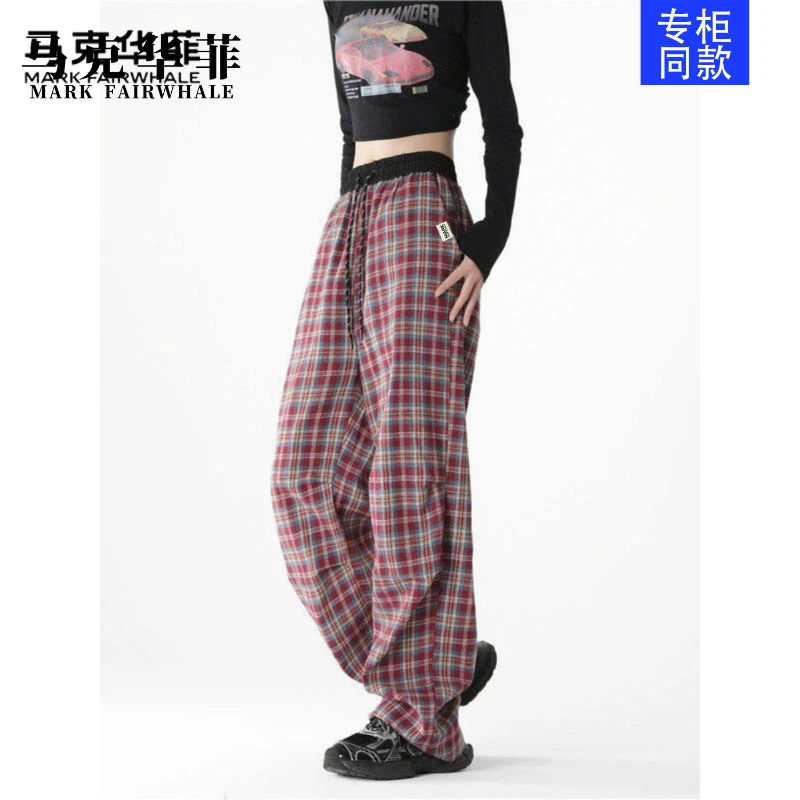 马克华菲秋季新款美式休闲格子纹褶皱长裤男款慵懒高级休闲裤