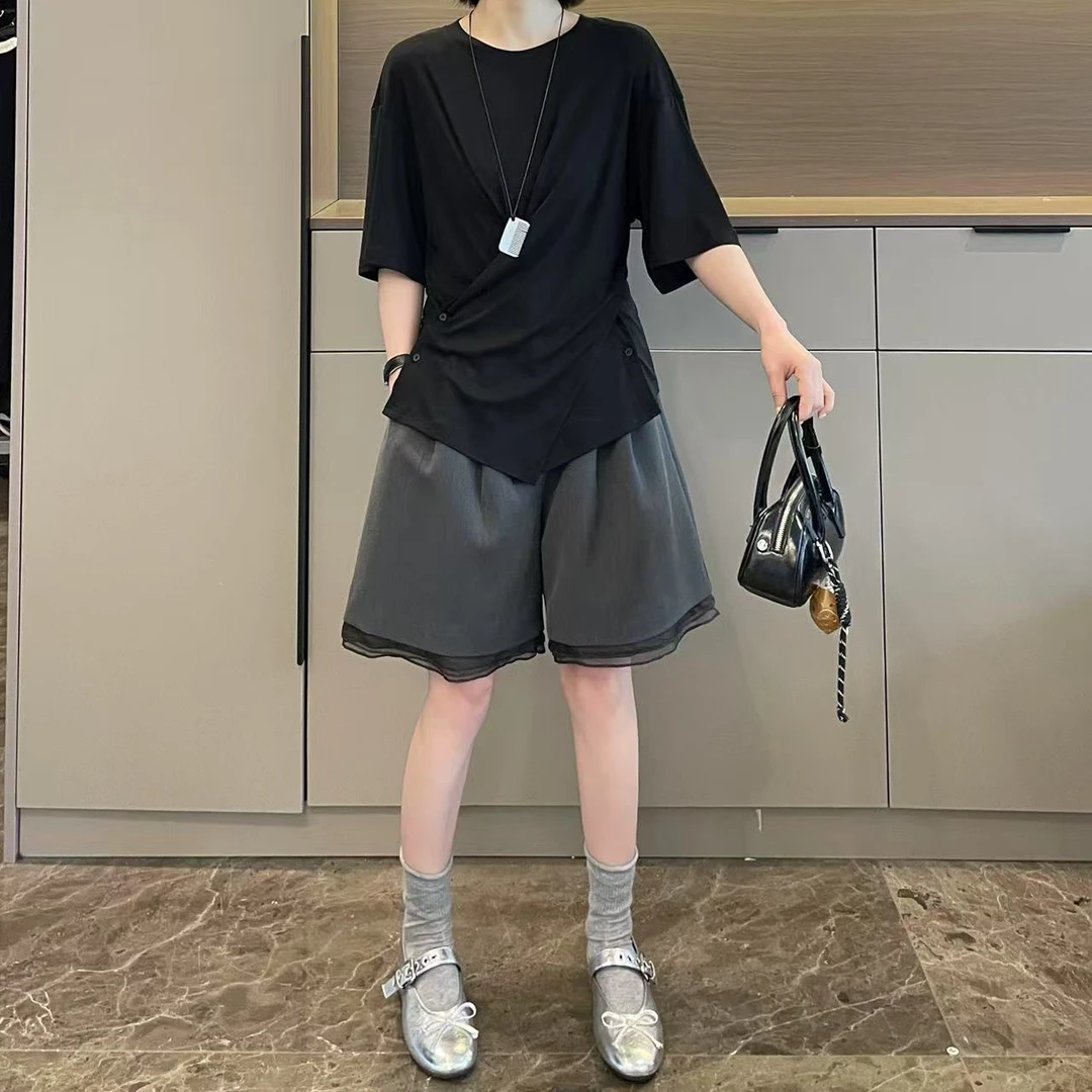 米可/MK-1923LJ【斜扣不规则短袖T恤】时尚休闲气质春季新款T恤