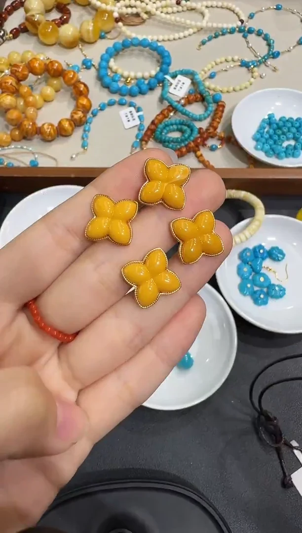 琥珀银S925镶嵌耳饰X1119-1195-101多样性一对