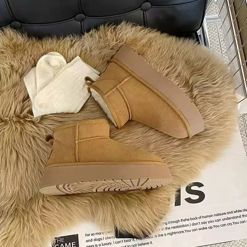 厚底雪地靴女2025年新款防水短筒内增高冬保暖加绒面包棉鞋