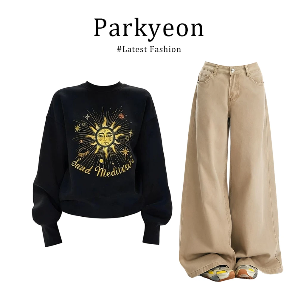 MARIE.COCO美式复古慵懒松弛感太阳花长袖卫衣卡其色阔腿裤套装女