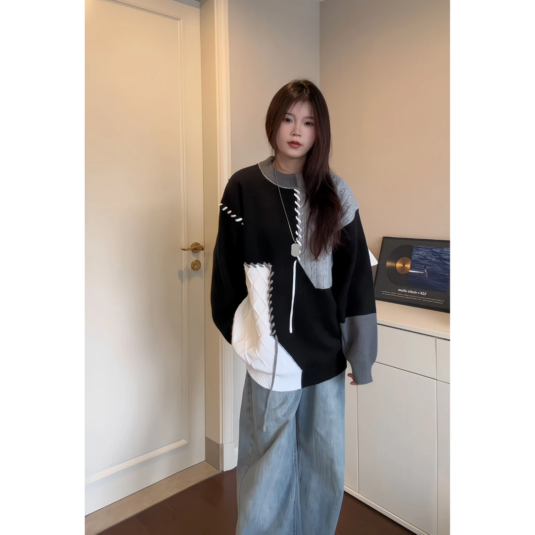 美式复古拼色毛衣圆领针织衫秋冬季新款高街潮牌痞帅设计感上衣男