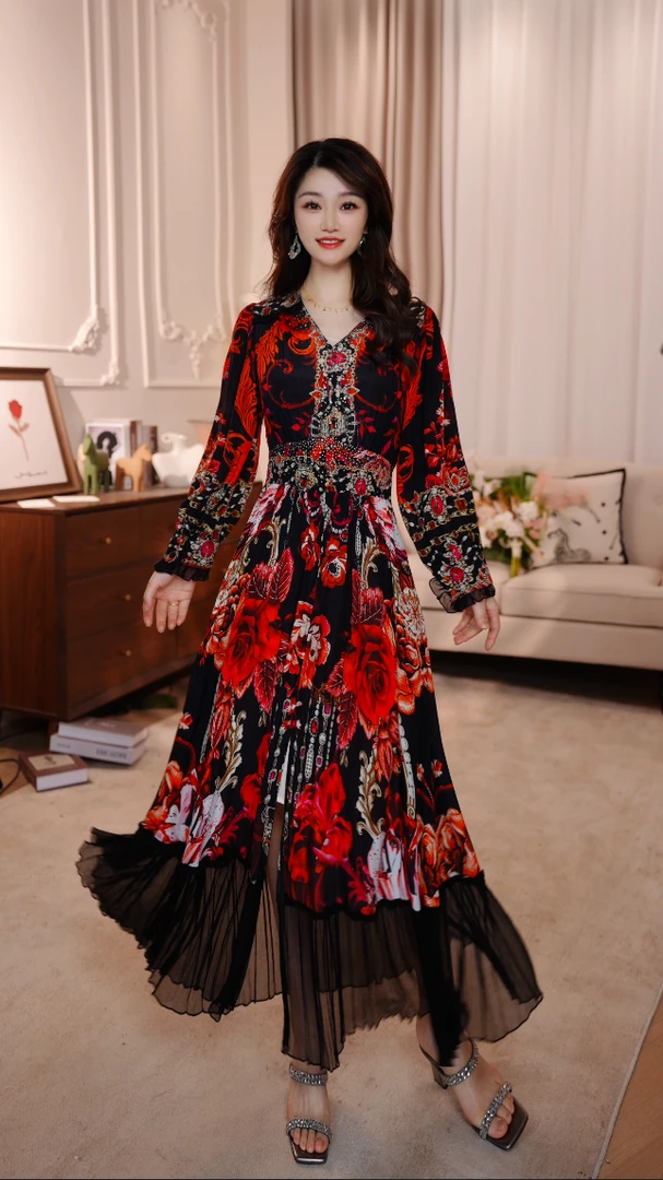 【朱颜】25年限量重工定位花气质优雅收腰长裙连衣裙