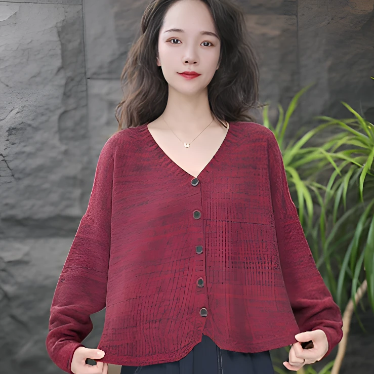 JJ针织蝙蝠袖长袖V领短款吸汗毛衣宽松提花时尚复古百搭显瘦洋气