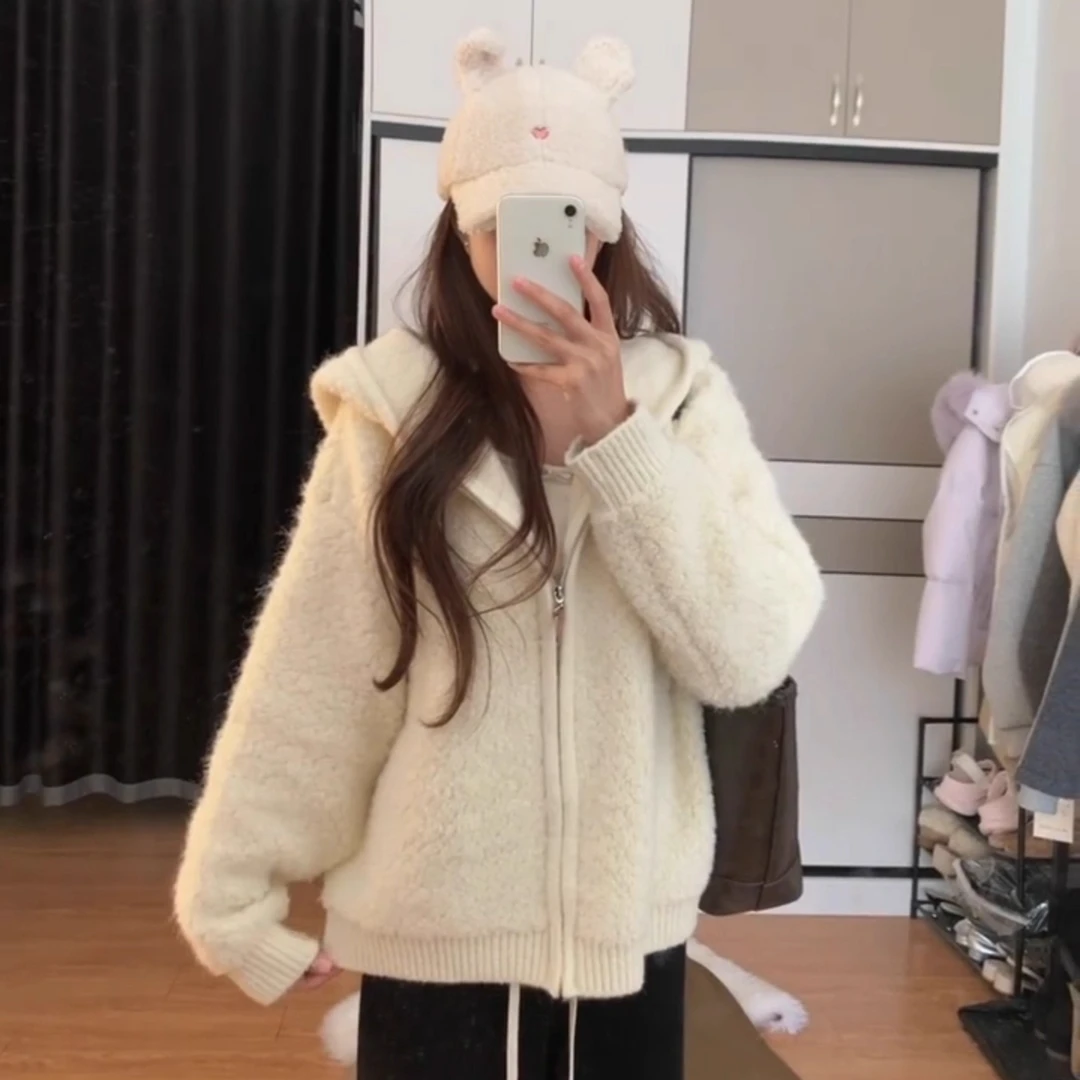 法式高级感连帽针织开衫女2025秋冬季新款宽松慵懒风软糯保暖毛衣