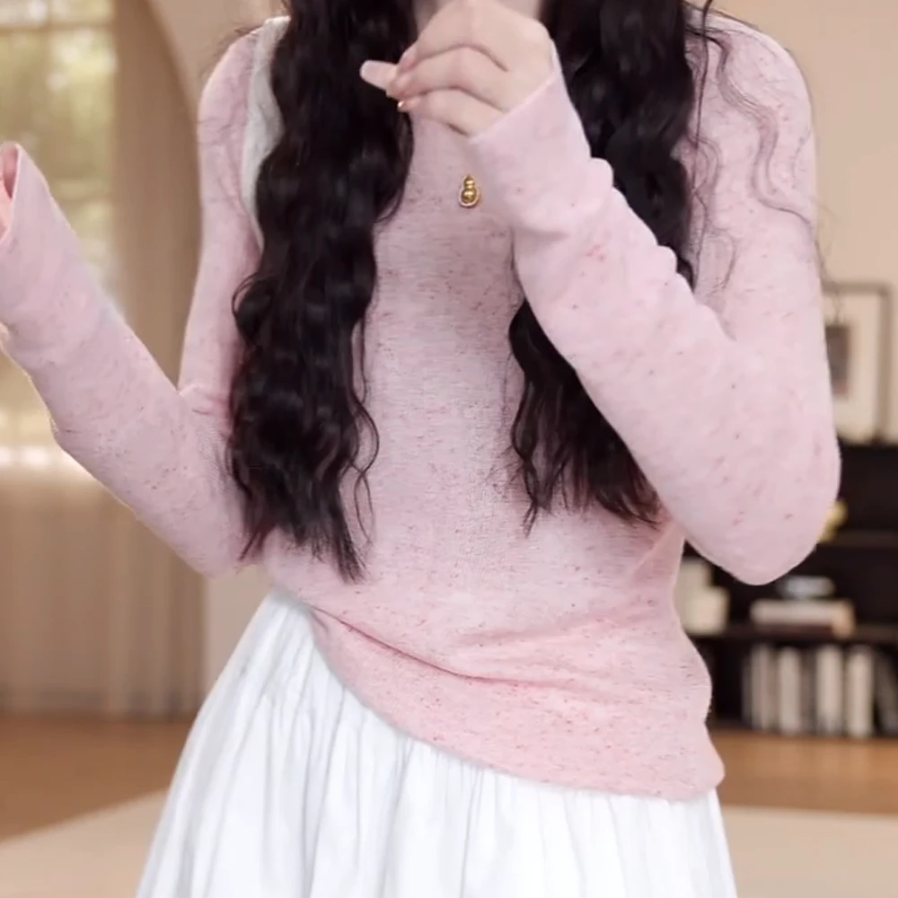 2025春夏新款百搭彩点花纱针织长袖上衣女