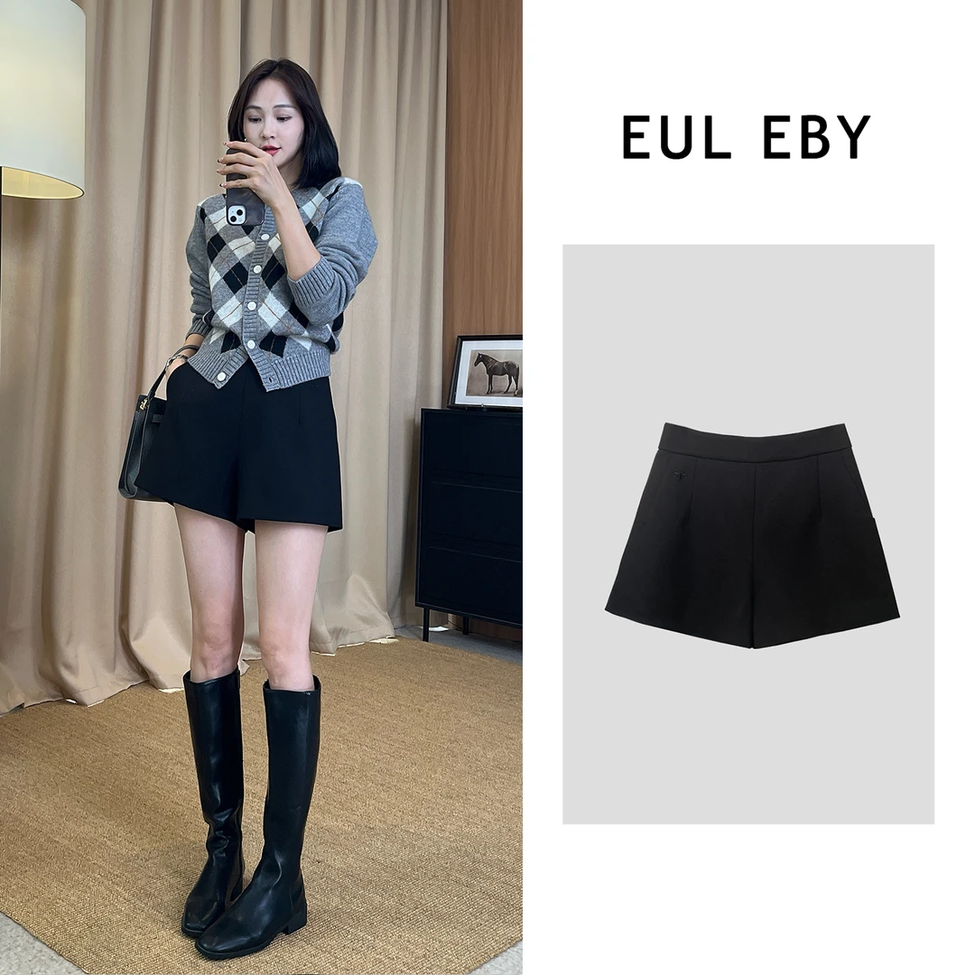 EUL EBY时尚小蜜蜂刺绣百搭西装裤秋冬新款高腰直筒短裤女251395#