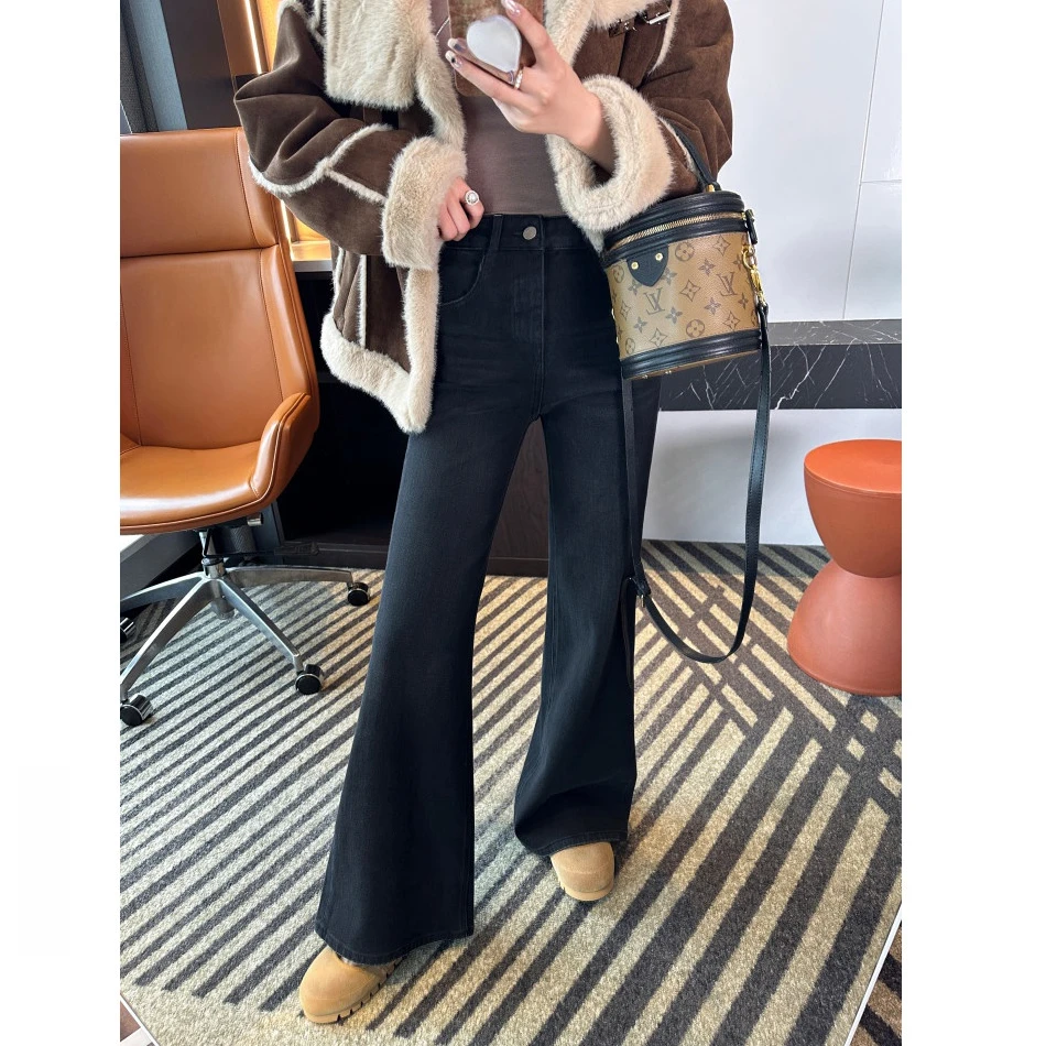 版型超牛~直筒不贴腿加绒微喇裤秋冬新款梨形显瘦高腰阔腿牛仔裤