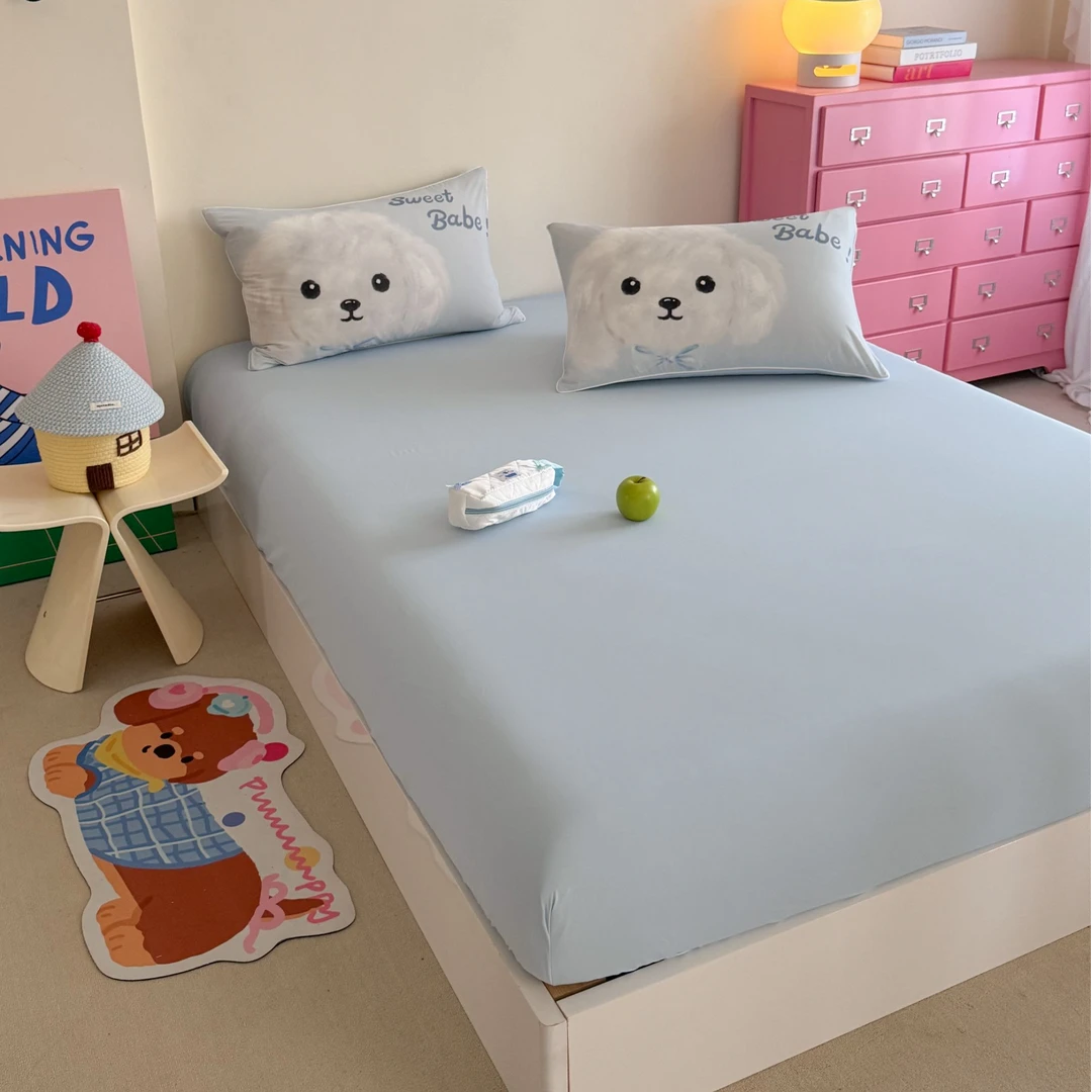 小泡芙系列丨A类母婴可机洗凉感锦氨面料卡通印花床笠三件套