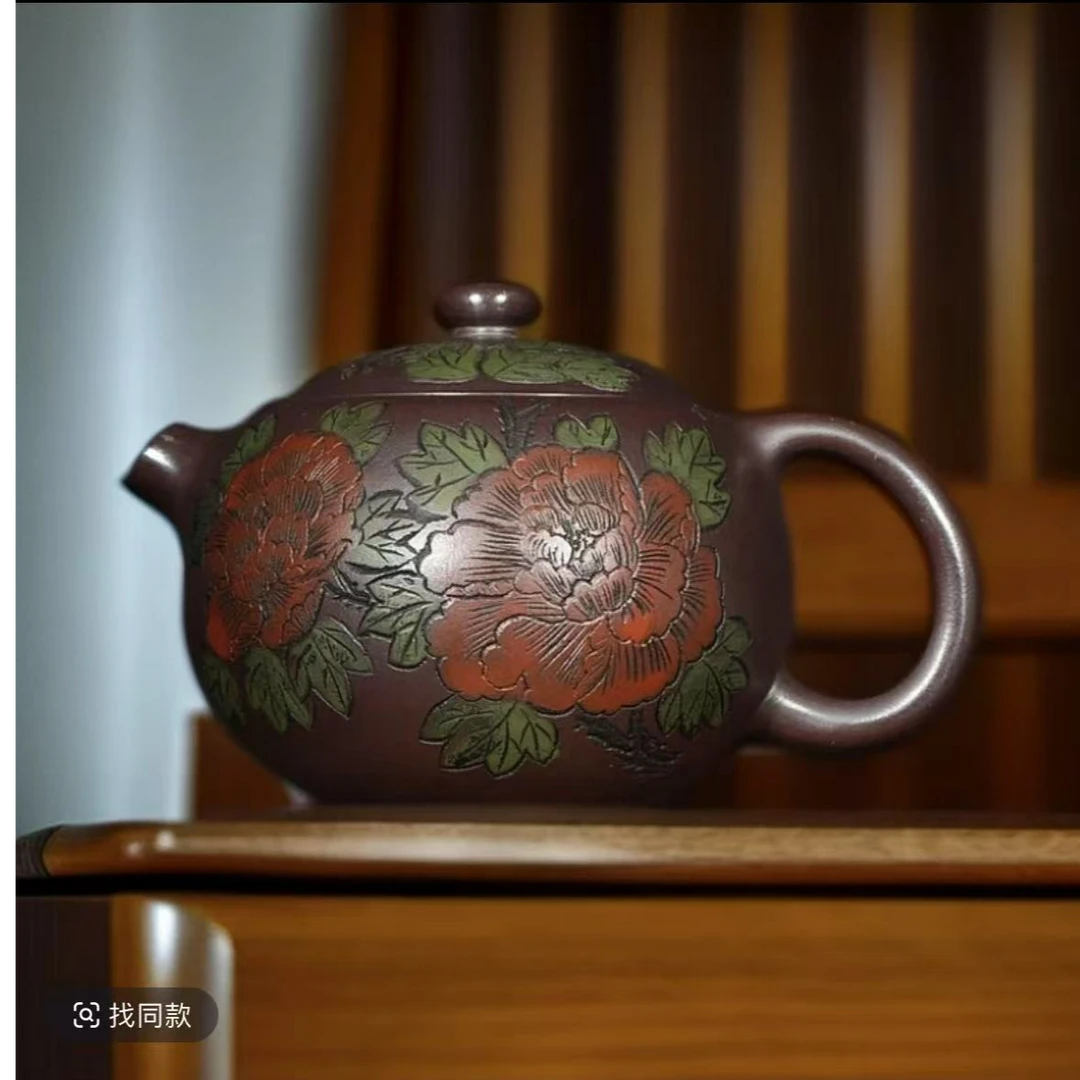 中式紫砂壶全手工刻绘牡丹花《西施》精美高档茶具正宗真品200cc