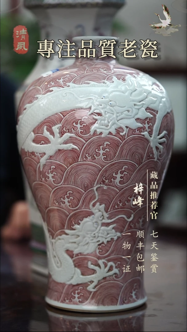 陶土黑*地釉里红龙纹堆塑梅瓶
