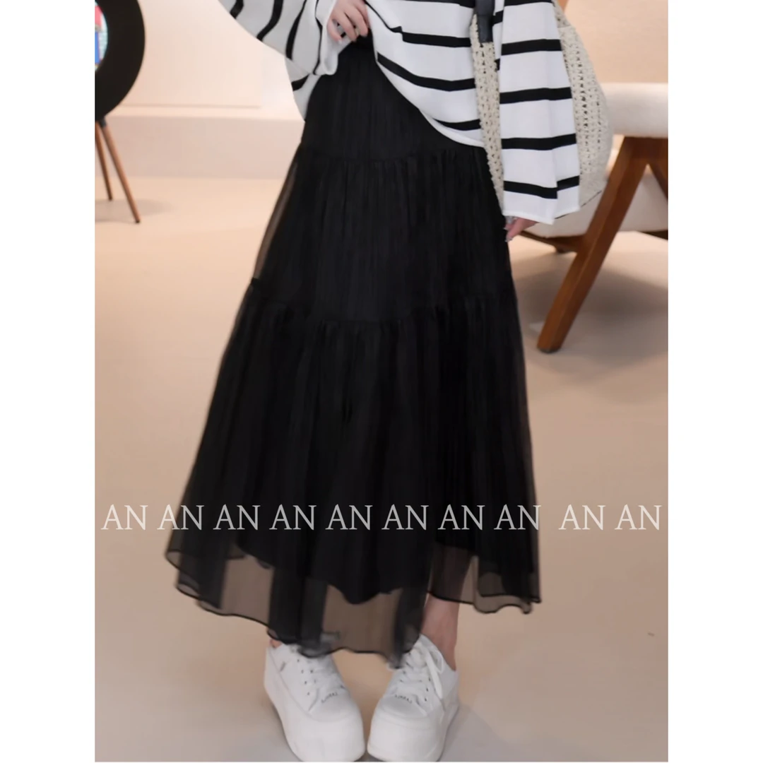 C03223漂亮气质温柔褶皱垂感黑色蛋糕裙A字半身裙