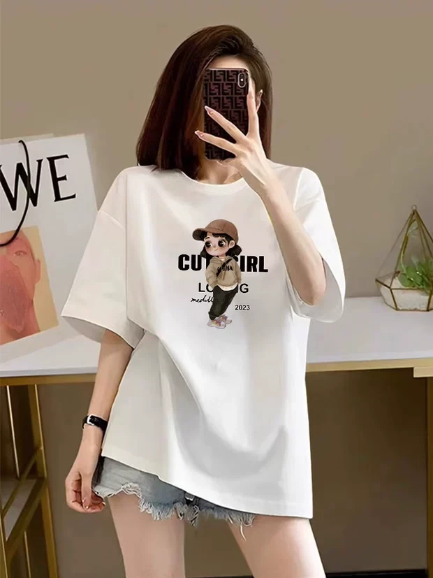 高品质纯棉T恤高端潮牌女装气质白色时尚休闲夏季宽松印花短袖