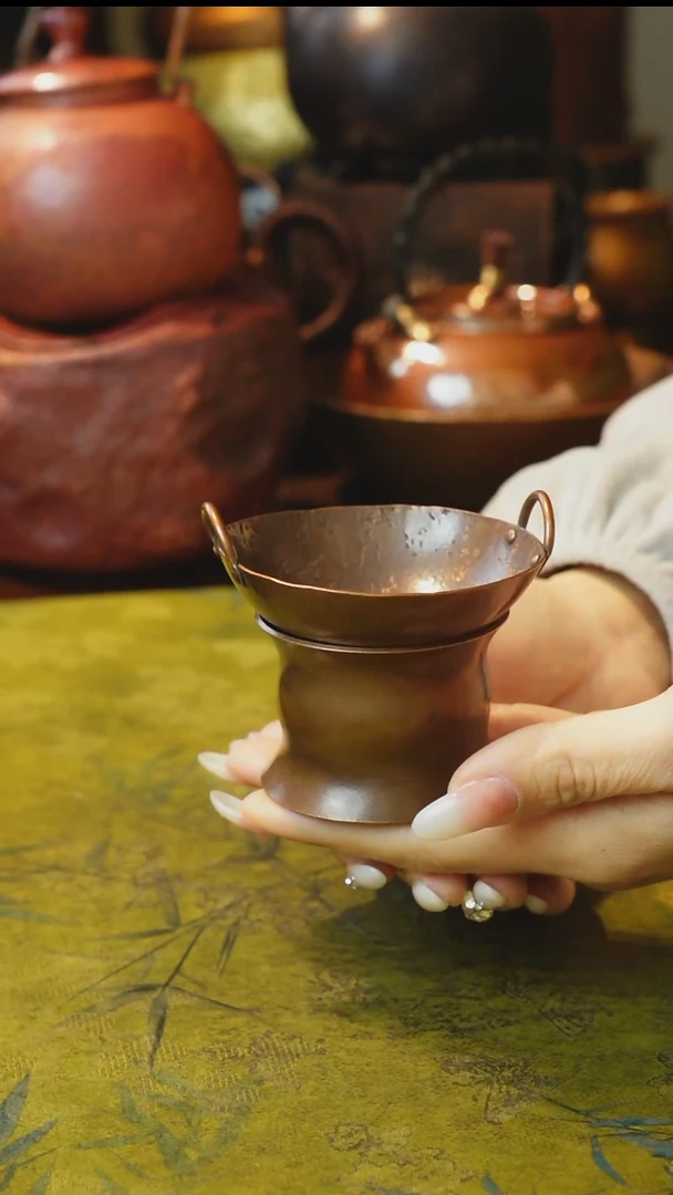 紫铜双耳锅茶漏做旧款套装