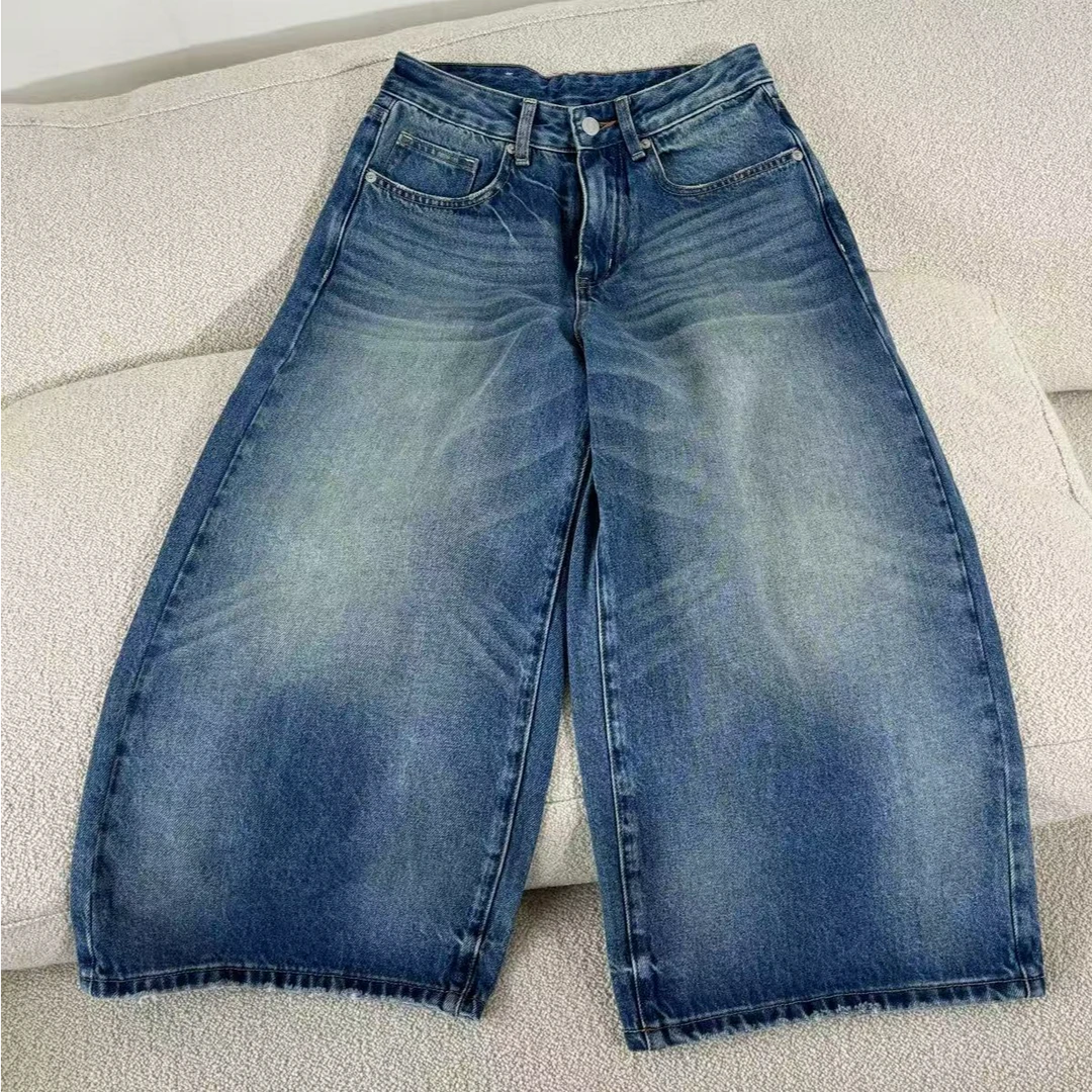 水洗街头风阔腿裤春季7分牛仔裤变色牛仔裤渐变五分裤时尚