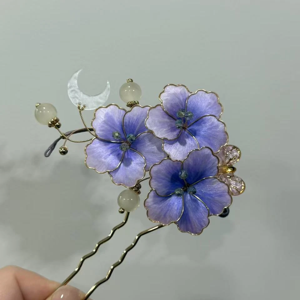 小青梅绒花发簪~手工古风紫色复古