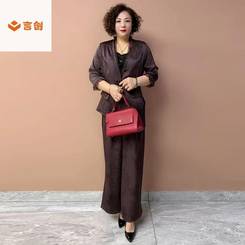 321七分袖贵夫人真丝套装春夏新款高端西服外套阔腿裤大码两件套